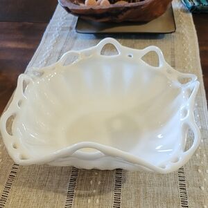 Fostoria Milk Glass Folded Fruit Bowl // Colonial Prism Open Lace // Vintage 50s